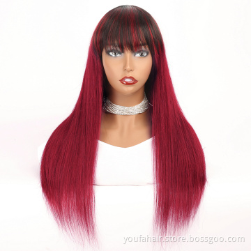 180% Density Brazilian Remy Straight Hair Non Lace Wig with Bangs 1B Red Burgundy Full Machine Made Human Hair Wigs for Women